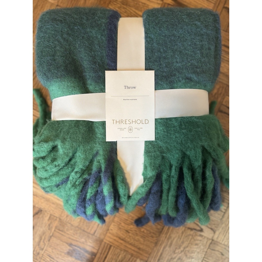 Threshold Navy Blue & Hunter Green Woven Wool Blend Throw Blanket 50" x 60"